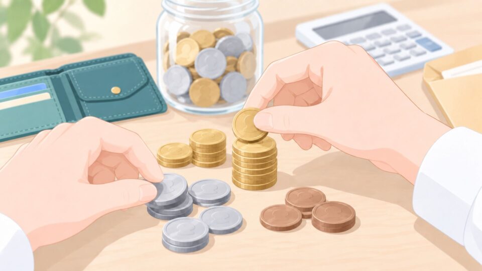 硬貨を手作業で仕分けする様子