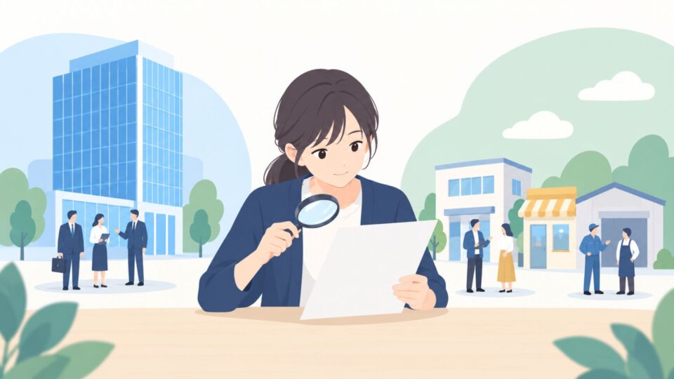 大企業と中小企業の違いを調べる女性のイラスト