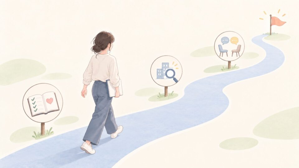 会社選びの3ステップを進む女子学生のイラスト